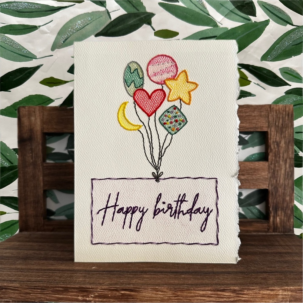 Hand-Embroidered Birthday Card - Balloons Tied to a Box